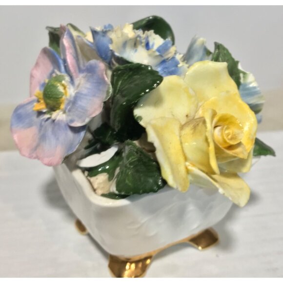 Sandford Floral Arrangement Footed 24K Gold Accents Blue Yellow England - Picture 2 of 7